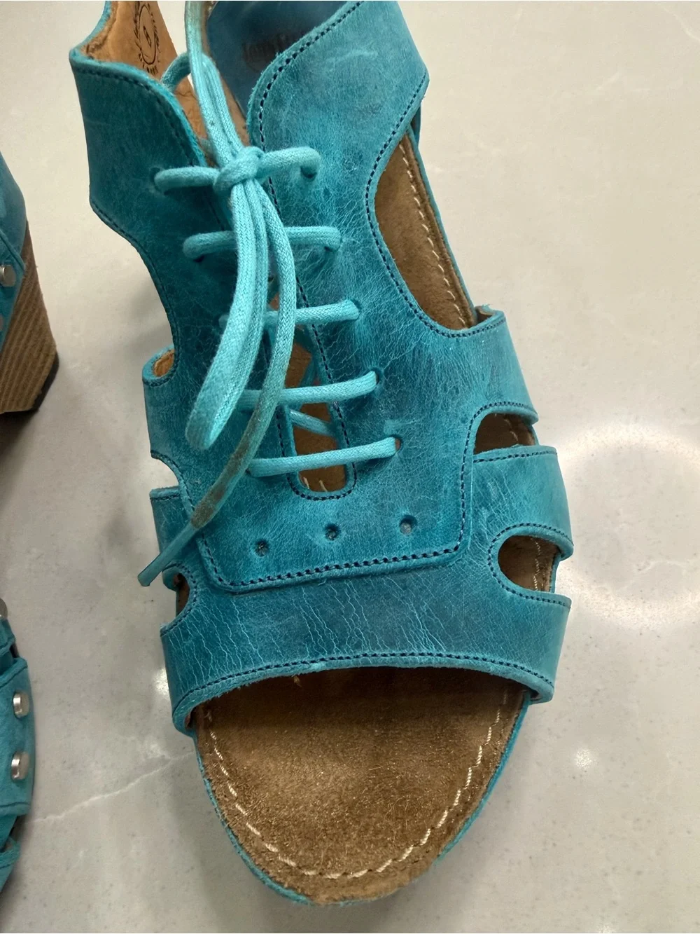 John Fluevog Joni Teal Blue Leather Wood Platform Lace Up Low Rule Sandals, 8